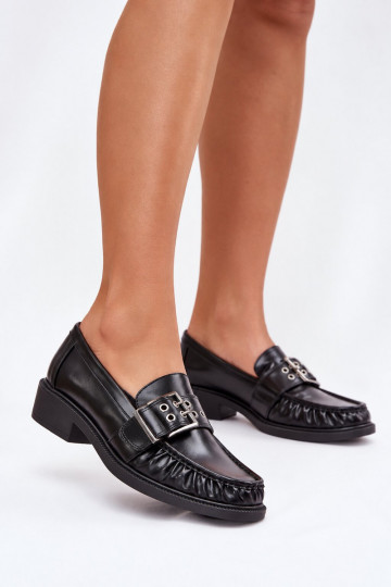 Mocassins femininos com babados e fivelas em preto Daliare