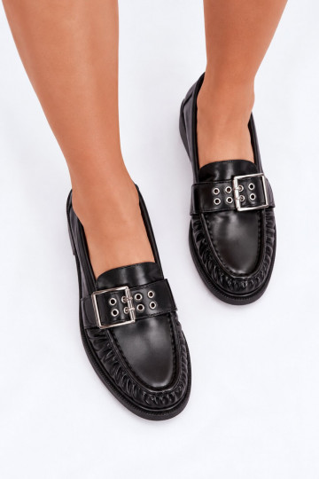 Mocassins femininos com babados e fivelas em preto Daliare 2