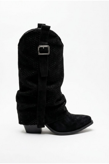 Botas altas pretas de estilo cowboy com bico afilado e saltos Calenne