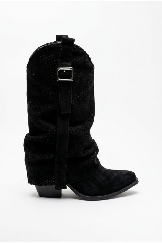 Botas altas pretas de estilo cowboy com bico afilado e saltos Calenne