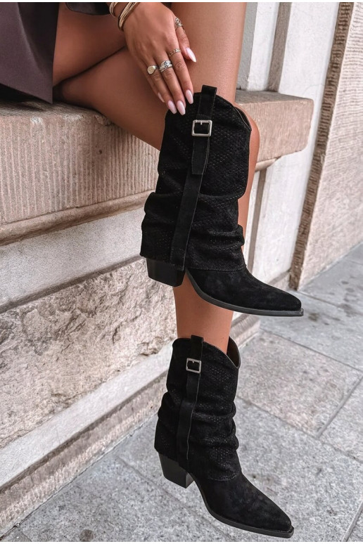 Botas altas pretas de estilo cowboy com bico afilado e saltos Calenne