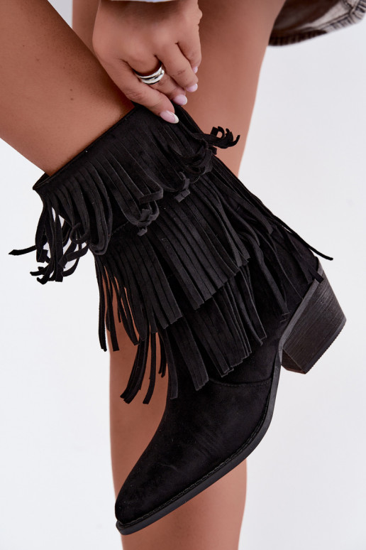 Botins de estilo cowboy com franjas e saltos em preto Lunia