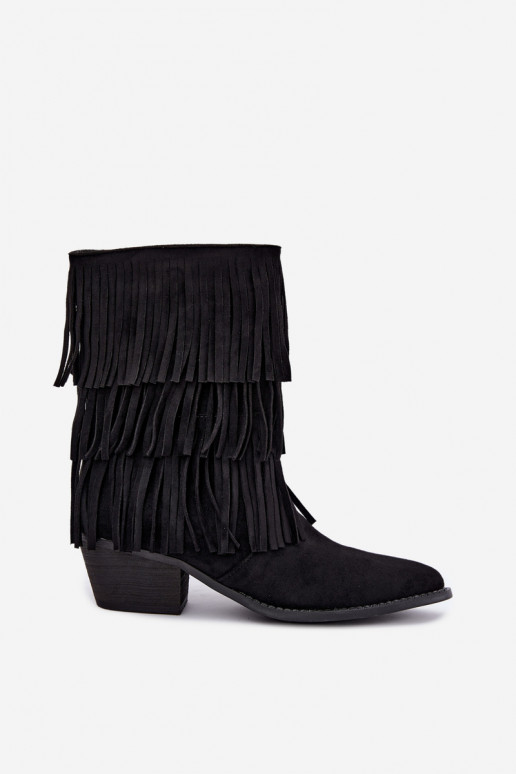 Botins de estilo cowboy com franjas e saltos em preto Lunia