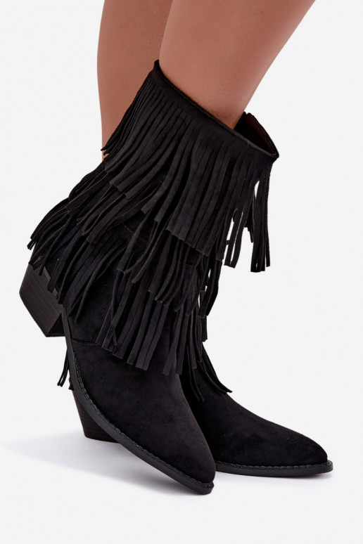 Botins de estilo cowboy com franjas e saltos em preto Lunia