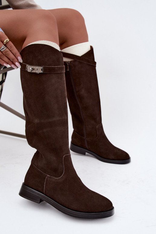 Botas acima do joelho em camurça na cor chocolate com tiras decorativas Clarimond