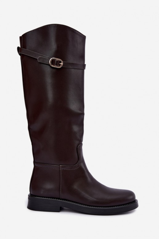 Botas altas femininas com saltos largos e tiras com fivelas na cor chocolate Sylvena