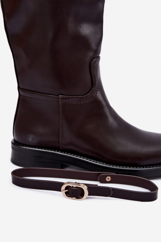 Botas altas femininas com saltos largos e tiras com fivelas na cor chocolate Sylvena