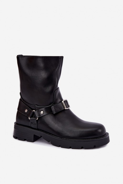 Botins femininos isolados com tiras e fivelas na cor preta Delmora