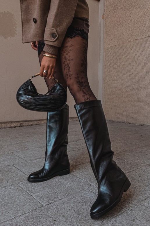 Botas altas de couro quentes com saltos largos em preto Zazoo 542