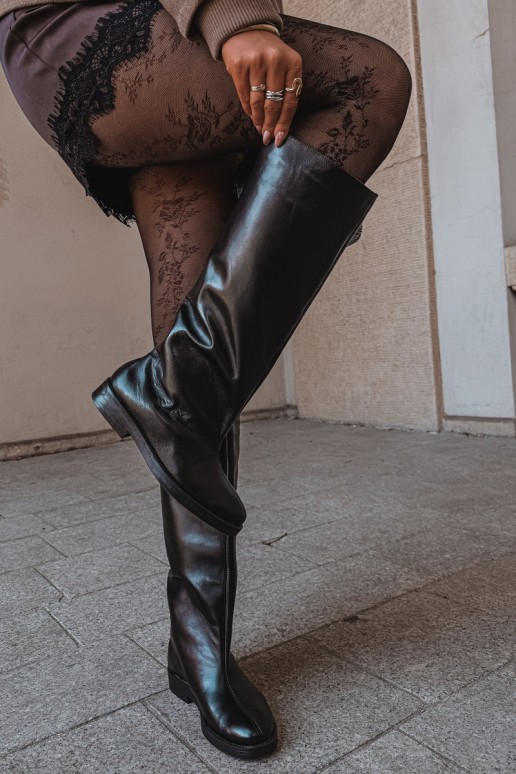 Botas altas de couro quentes com saltos largos em preto Zazoo 542