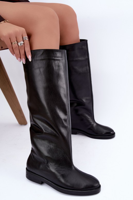 Botas altas de couro quentes com saltos largos em preto Zazoo 542