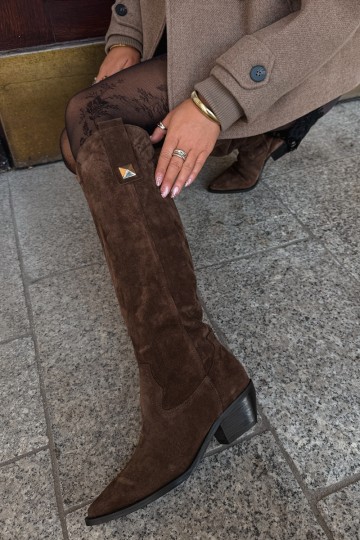 Botas altas quentes de estilo cowboy em camurça sintética marrom Zazoo 4224 2