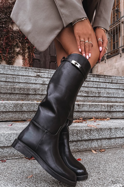 botas altas femininas com saltos decorados em couro sintético preto Palisse