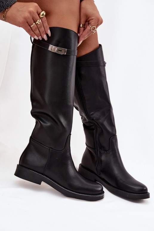 botas altas femininas com saltos decorados em couro sintético preto Palisse