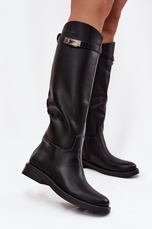 botas altas femininas com saltos decorados em couro sintético preto Palisse