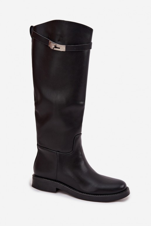 botas altas femininas com saltos decorados em couro sintético preto Palisse