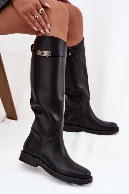 botas altas femininas com saltos decorados em couro sintético preto Palisse