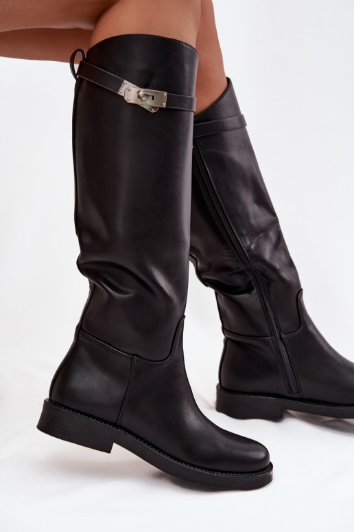 botas altas femininas com saltos decorados em couro sintético preto Palisse