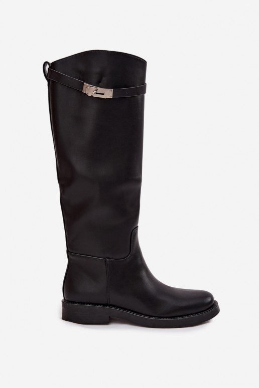 botas altas femininas com saltos decorados em couro sintético preto Palisse