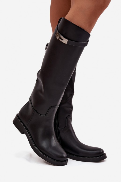 botas altas femininas com saltos decorados em couro sintético preto Palisse