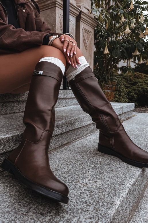 botas altas femininas com saltos decorados em couro sintético castanho Palisse