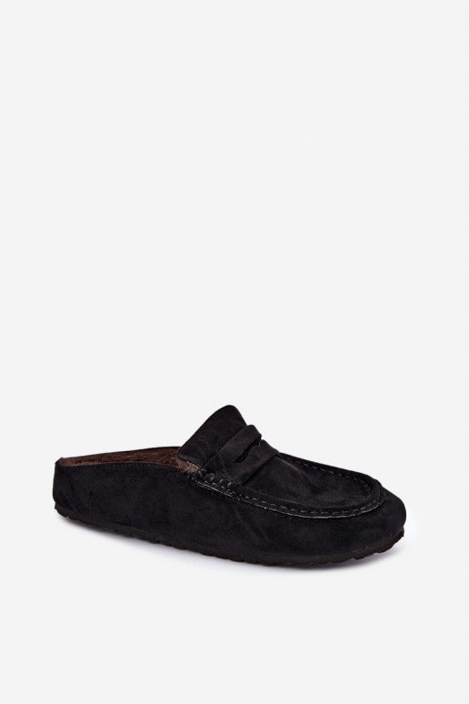 mocassins isolados femininos com calcanhar aberto e pelo na cor preta Sabrielle
