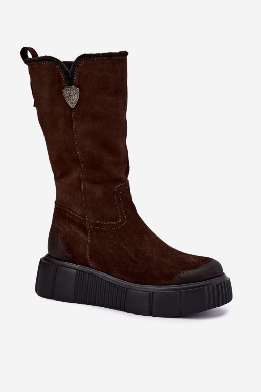 botas altas femininas de camurça sintética castanha com lã Zazoo