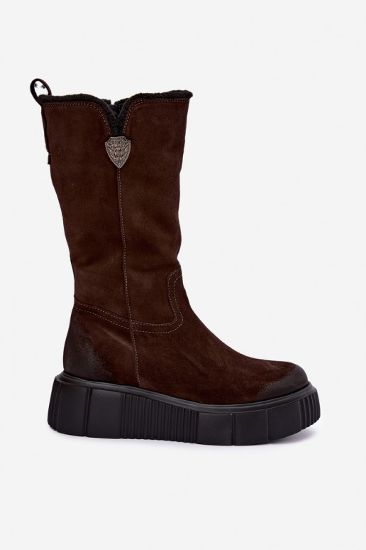 botas altas femininas de camurça sintética castanha com lã Zazoo