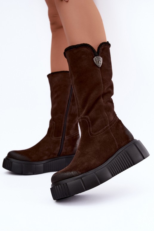 botas altas femininas de camurça sintética castanha com lã Zazoo