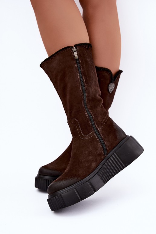 botas altas femininas de camurça sintética castanha com lã Zazoo