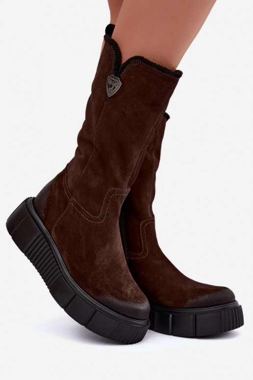 botas altas femininas de camurça sintética castanha com lã Zazoo