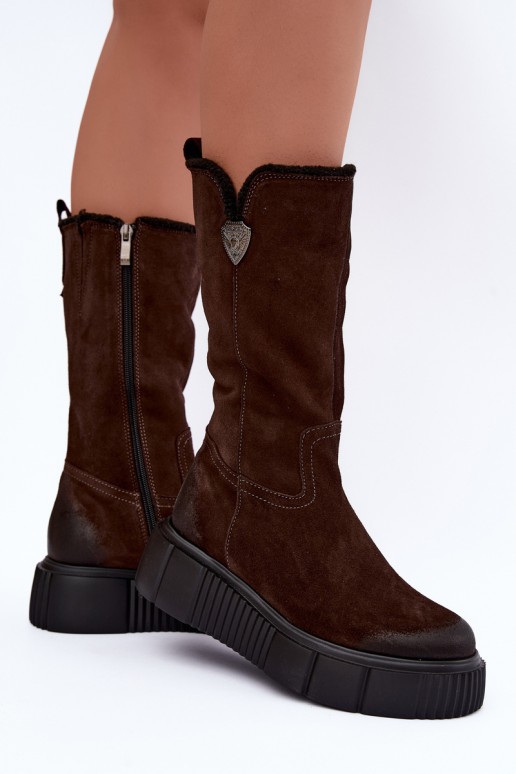 botas altas femininas de camurça sintética castanha com lã Zazoo