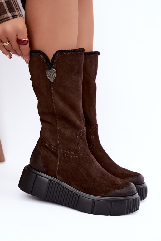 botas altas femininas de camurça sintética castanha com lã Zazoo