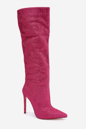 botas altas com saltos finos e ilhós brilhantes na cor rosa Lovisa
