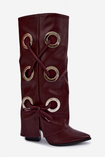 botas altas com cano amarrado e cadarços decorativos na cor bordô Pamina