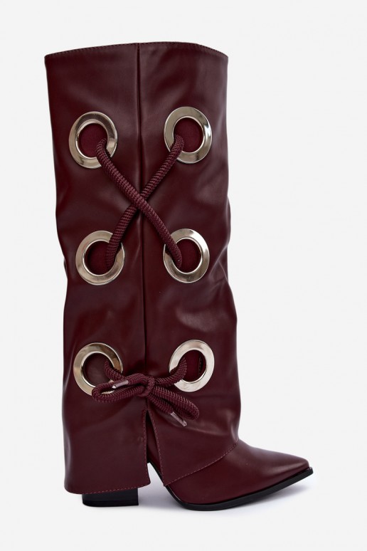 botas altas com cano amarrado e cadarços decorativos na cor bordô Pamina
