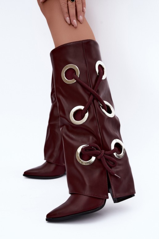botas altas com cano amarrado e cadarços decorativos na cor bordô Pamina