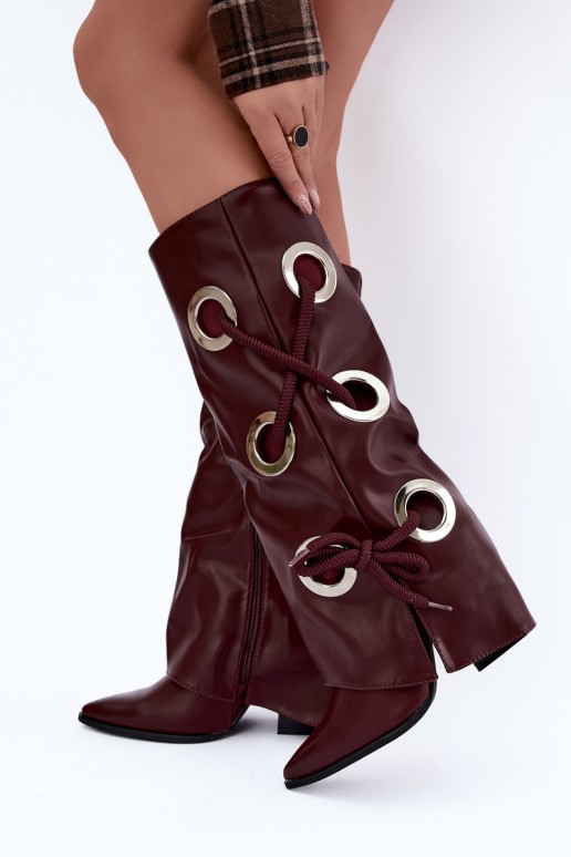 botas altas com cano amarrado e cadarços decorativos na cor bordô Pamina
