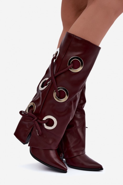 botas altas com cano amarrado e cadarços decorativos na cor bordô Pamina