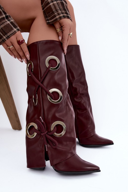 botas altas com cano amarrado e cadarços decorativos na cor bordô Pamina