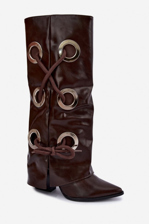 botas altas com cano amarrado e cadarços decorativos na cor chocolate Pamina