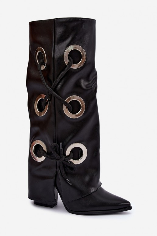 botas altas com cano amarrado e cadarços decorativos na cor preta Pamina