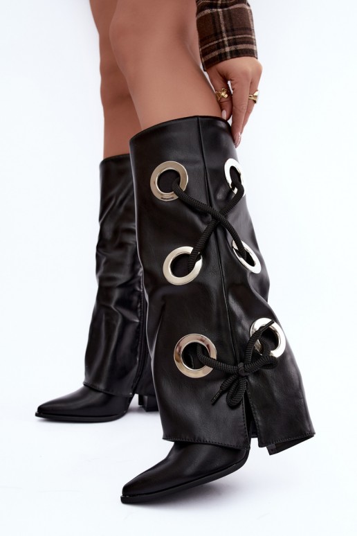 botas altas com cano amarrado e cadarços decorativos na cor preta Pamina