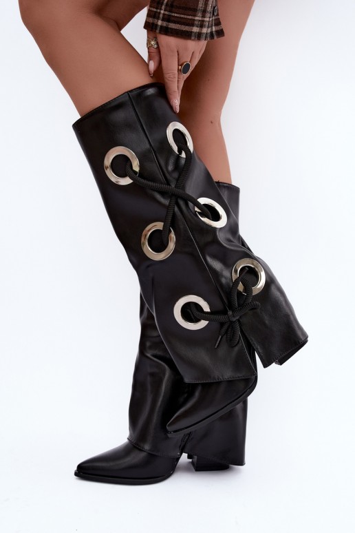 botas altas com cano amarrado e cadarços decorativos na cor preta Pamina