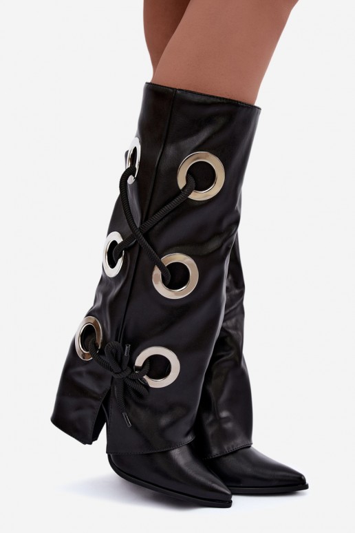 botas altas com cano amarrado e cadarços decorativos na cor preta Pamina