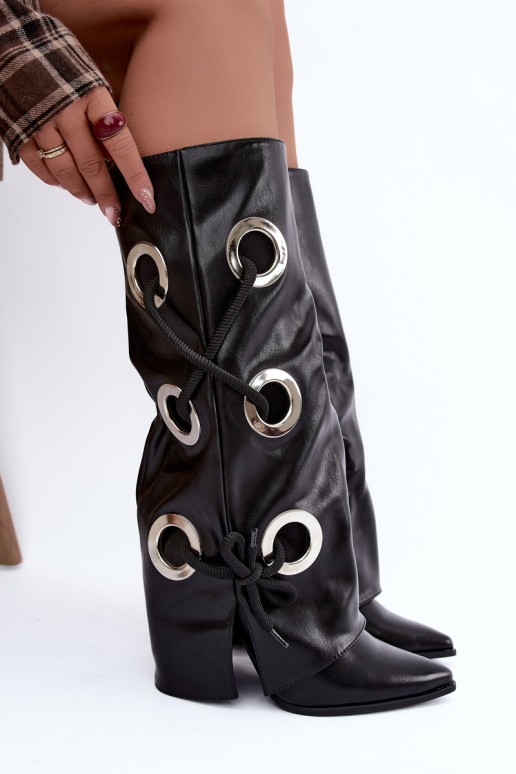 botas altas com cano amarrado e cadarços decorativos na cor preta Pamina