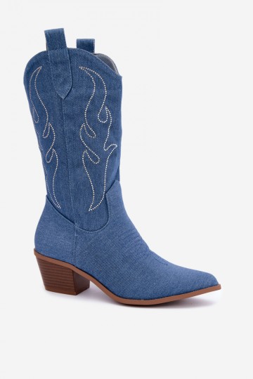 Botins de denim estilo cowboy com saltos e decoração Perella