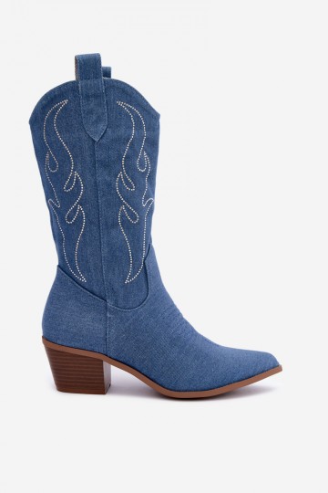 Botins de denim estilo cowboy com saltos e decoração Perella 2