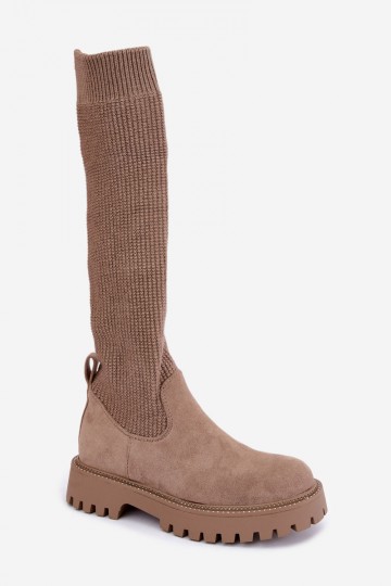 botas altas com cano tipo meia na cor areia Sarielle