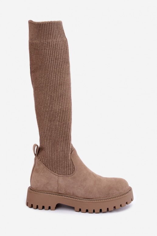 botas altas com cano tipo meia na cor areia Sarielle